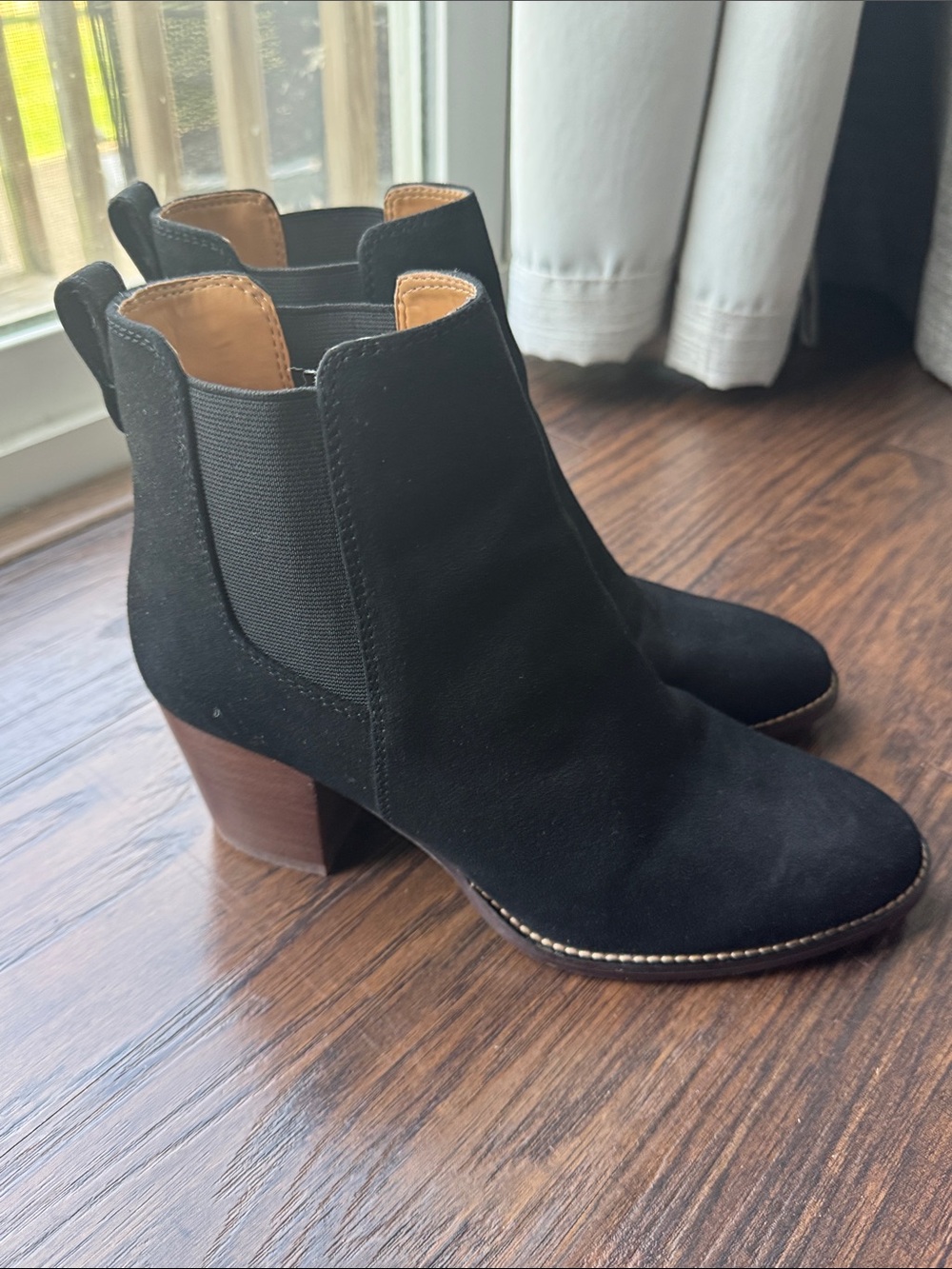 J. Crew Black Chelsea Booties with Stacked Brown Heel
